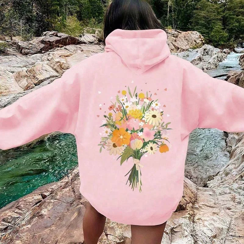 Cozy hoodie for chilly mornings -Women's Loose Floral Print Hoodie