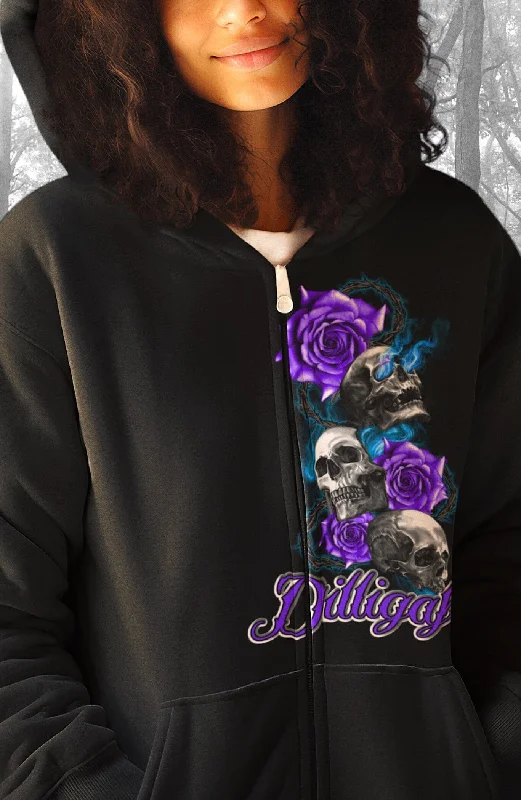 Fashionable hoodie with a sporty vibe for casual wear -Purple Skull Rose from Heaven zip Up Hoody