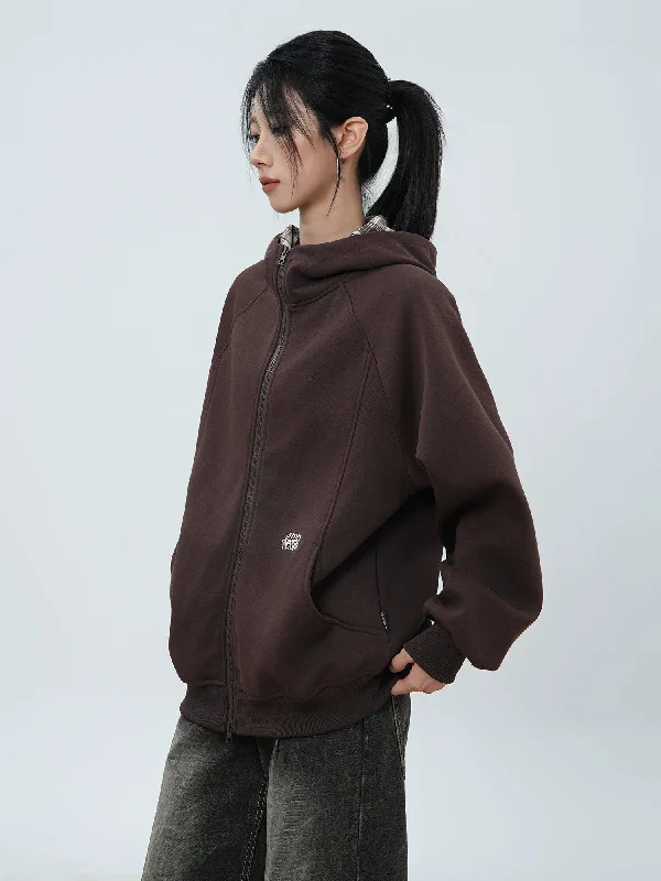 Warm fleece hoodie for winter -Zipped Inside Plaid Hoodie