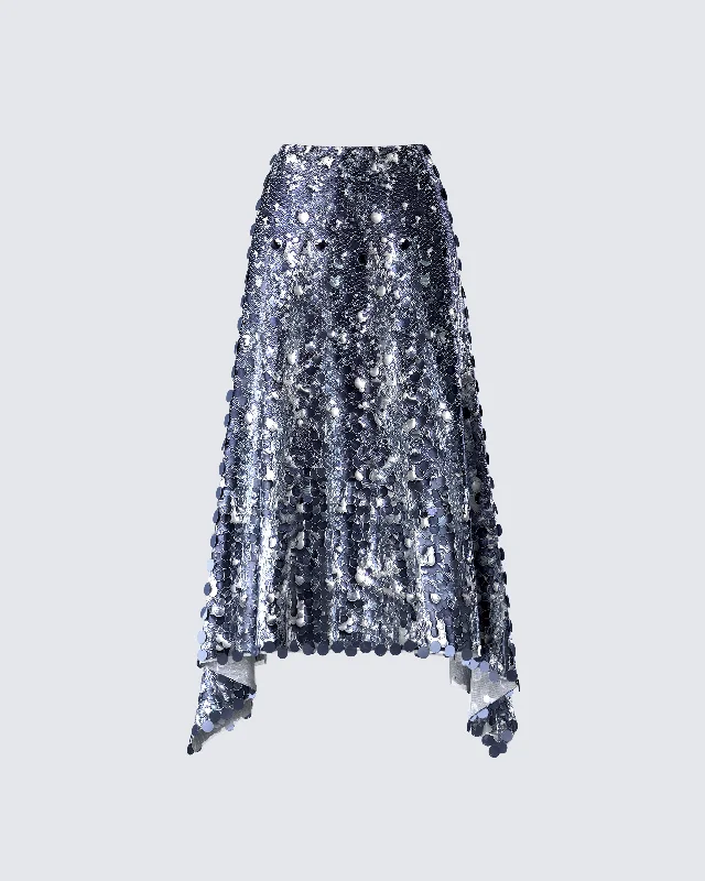 Skirts with bold prints for fun fashion -Wyn Metallic Silver Sequin Maxi Skirt