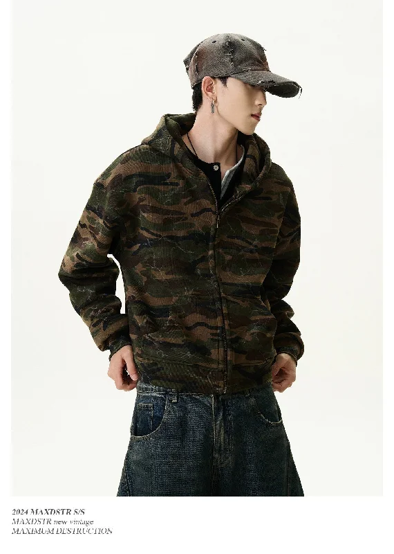 Cozy hoodie with extra warmth for outdoor activities -Stained Camouflage Zip-Up Hoodie