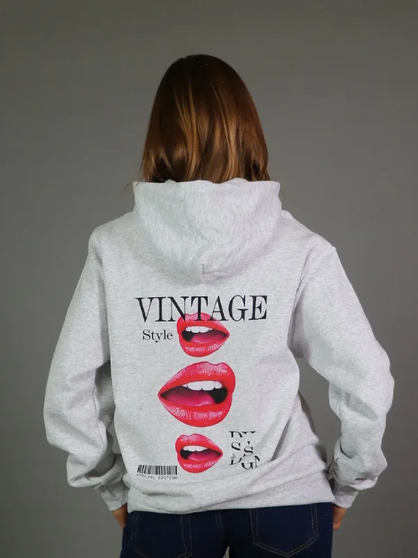 Classic hoodie with a relaxed fit for all-day wear -NEWSPAPER LIPS HOODIE (rygprint) - GRÅ