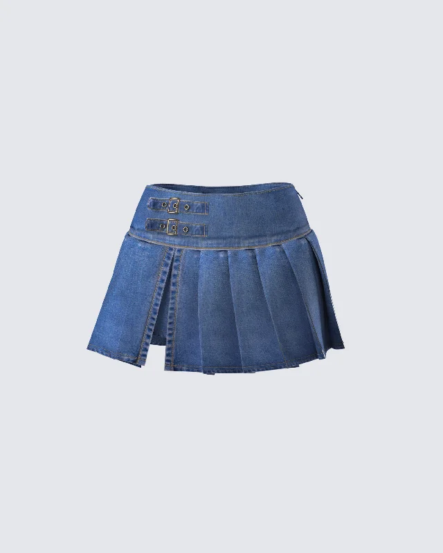 Skirts for wedding guest attire -Alazne Blue Denim Pleated Micro Mini Skirt