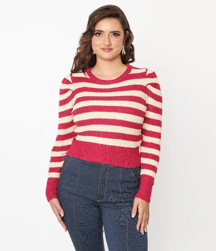 Warm sweatshirt with a brushed interior for comfort -Stylish sweatshirt with a subtle logo -Berry Pink & Cream Stripe Sweater