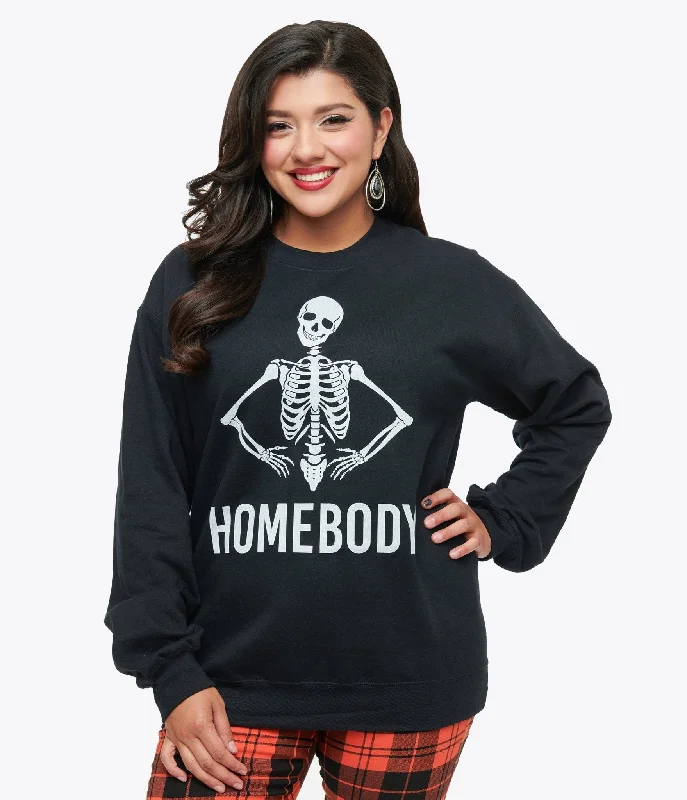 Cozy sweatshirt for chilling out at home -Cozy hoodie sweatshirt for winter style -Black Homebody Skeleton Crewneck Sweater