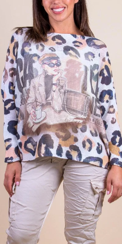 Trendy sweatshirt with a kangaroo pocket for convenience -Cozy sweatshirt with ribbed cuffs for a snug fit -Emy Batwing Sweater With Girl Coffee Print