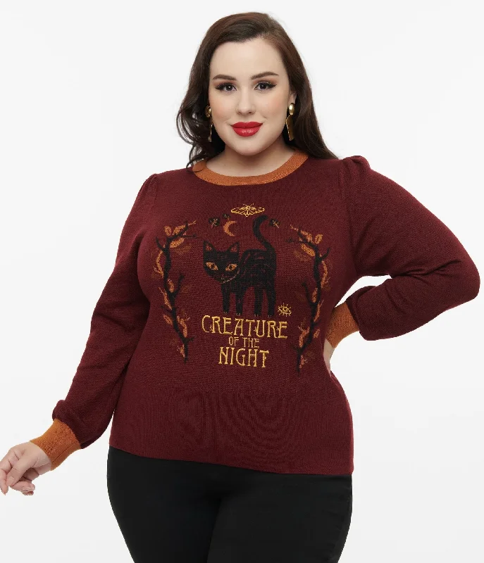 Warm sweatshirt with a hood for winter activities -Trendy oversized sweatshirt for relaxed fit -Disney Hocus Pocus Collection by Unique Vintage Plus Size Burgundy Binx Hocus Pocus Embroidered Sweater