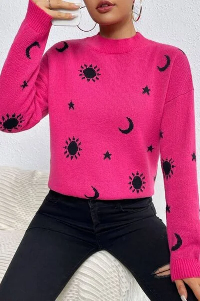 Comfortable pullover sweatshirt for cool summer nights -Trendy sweatshirt with embroidery details -Graphic Mock Neck Dropped Shoulder Sweater