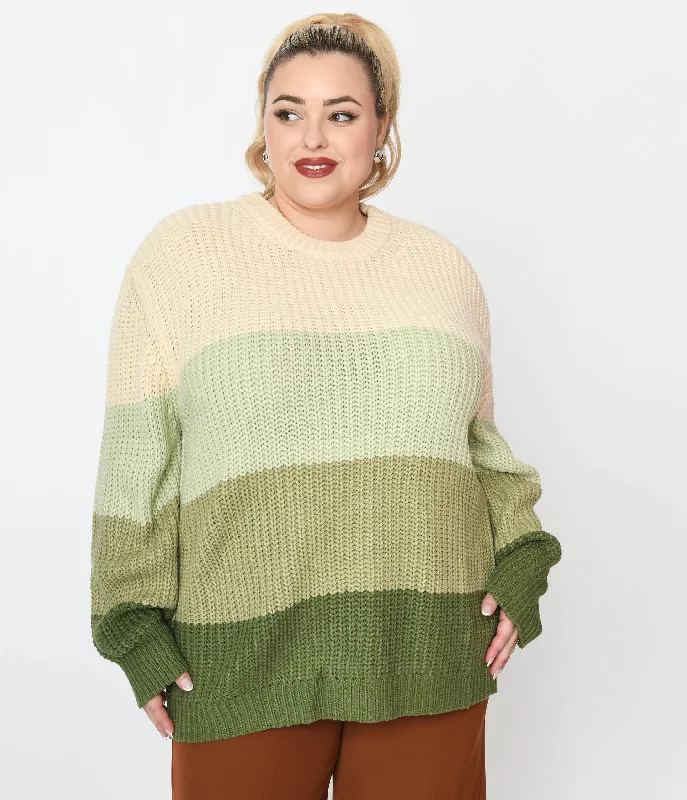 Stylish sweatshirt with contrasting details -Soft pullover sweatshirt for chilly days -1970s Green Dream Color Block Striped Pullover Knit Sweater