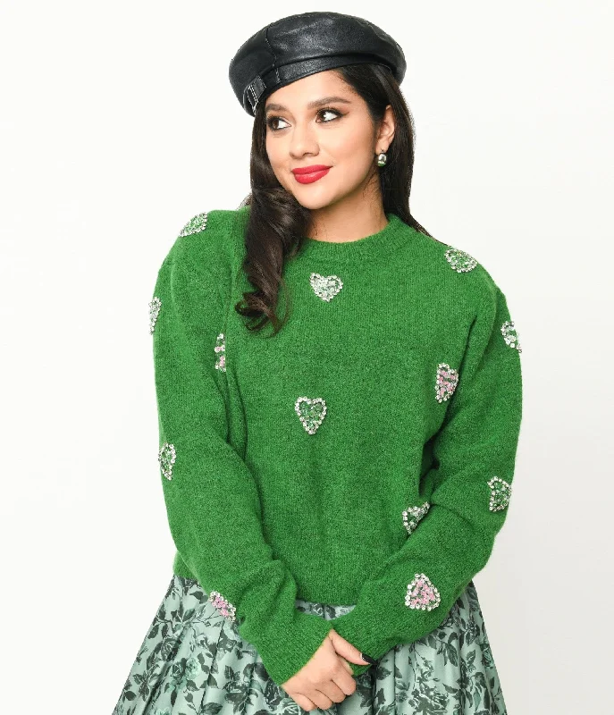 Cozy sweatshirt with unique patterns for a fun look -Comfortable sweatshirt for work-from-home days -Green Rhinestone Hearts Embellished Pullover Sweater