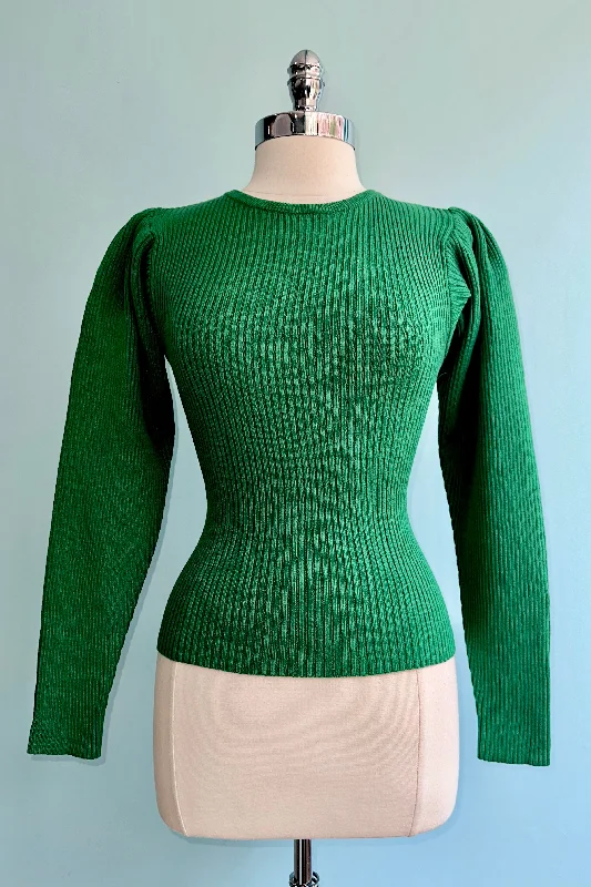 Comfortable sweatshirt with a crewneck for casual wear -Elegant sweatshirt with a slim silhouette -Green Ribbed Knit Puff Sleeve Sweater by Wild Pony