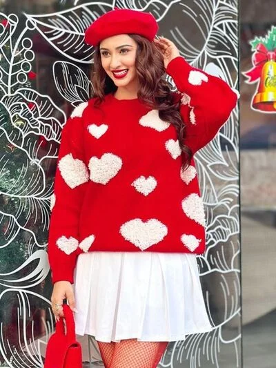 Trendy sweatshirt with embroidery details -Cozy sweatshirt with long sleeves for warmth -Heart Round Neck Dropped Shoulder Sweater