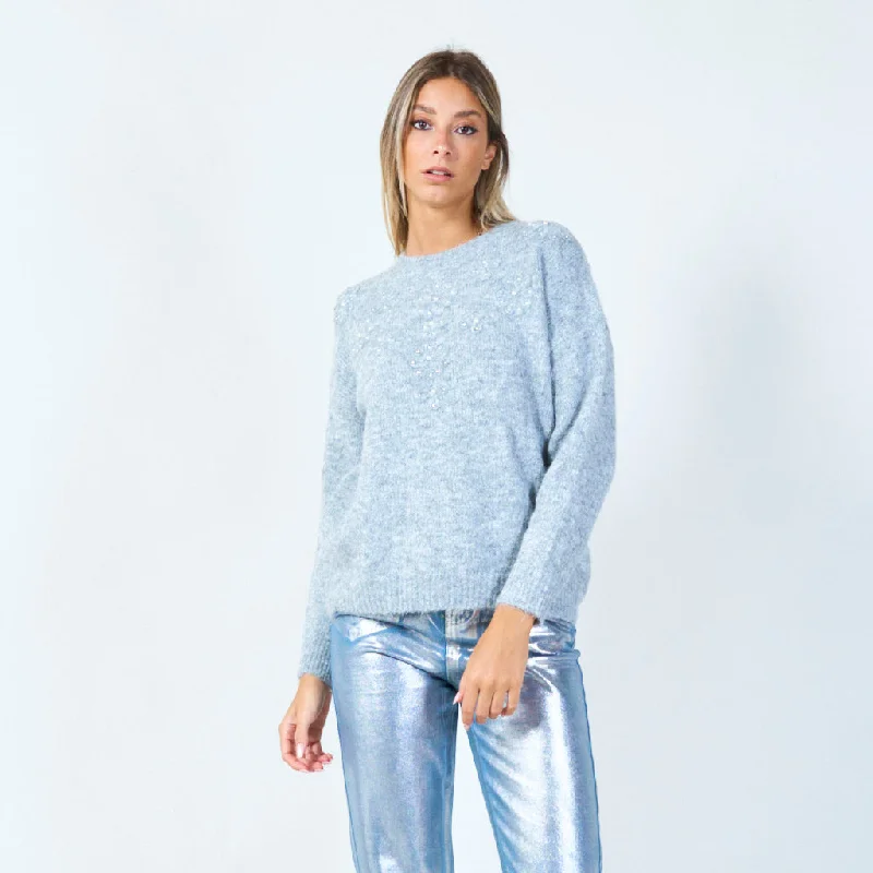 Comfortable sweatshirt for long, lazy days -Soft cotton blend sweatshirt for all-day comfort -Pearl embellished cozy sweater wholesale