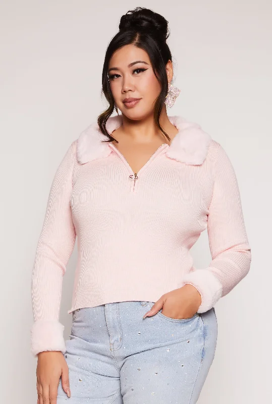 Classic zip-up sweatshirt for easy layering -Fashionable sweatshirt with a floral print -Plus Size Almost Famous Faux Fur Trim Sweater