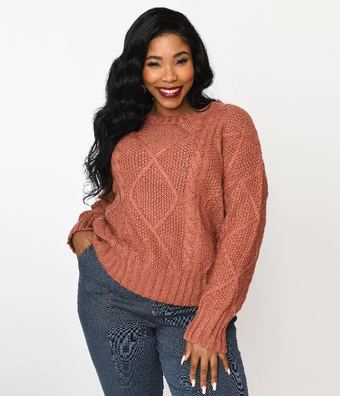 Warm sweatshirt for layering with other casual wear -Cozy oversized sweatshirt for staying warm -Plus Size Brick Red Cable Knit Oversize Sweater