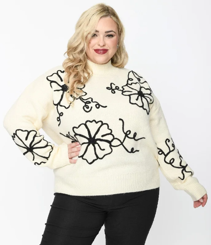 Warm sweatshirt with brushed fabric for a soft touch -Trendy sweatshirt with a sporty and relaxed fit -Plus Size Cream & Black Floral Embroidered Mock Neck Sweater