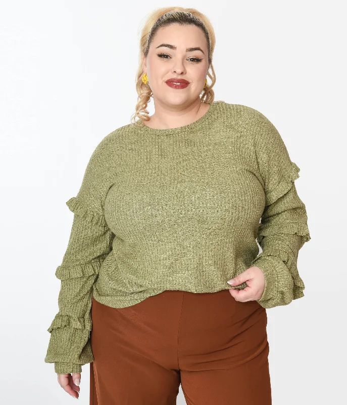 Warm hoodie sweatshirt for cool outdoor activities -Fashionable sweatshirt with bold prints -Plus Size Olive Green Ruffle Trim Ribbed Pullover Sweater