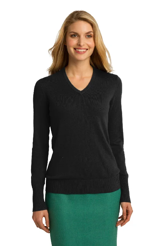 Cozy sweatshirt for chilling out at home -Soft sweatshirt for chilly evening walks -Port Authority Womens Long Sleeve V-Neck Sweater - Black