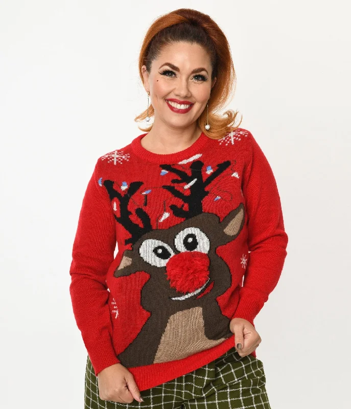 Trendy sweatshirt with an artistic print -Trendy sweatshirt for pairing with jeans -Red Rudolph Holiday Sweater