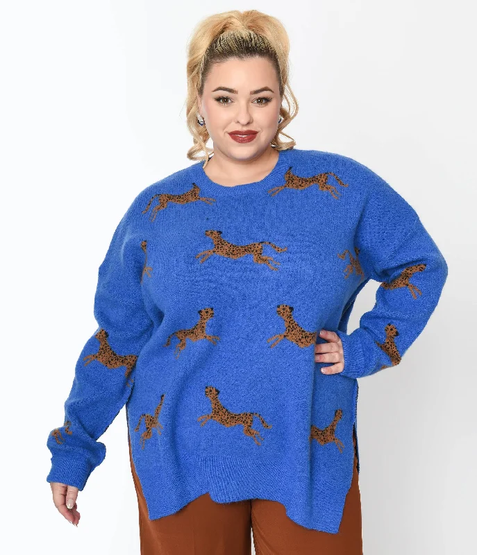 Soft fleece sweatshirt for extra warmth -Cozy sweatshirt for a weekend getaway -Royal Blue & Cheetah Oversize Sweater