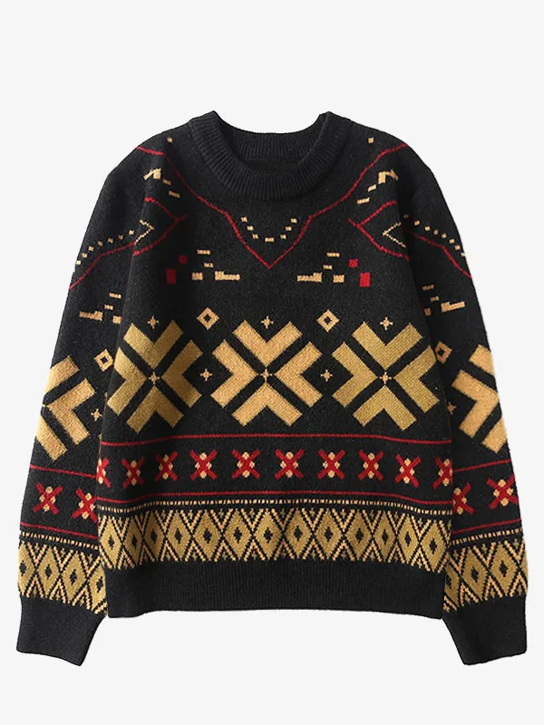 Comfortable sweatshirt with a kangaroo pocket for functionality -Trendy sweatshirt with oversized fit for comfort -Ethnic Pattern Jacquard Woven Knitted Sweater