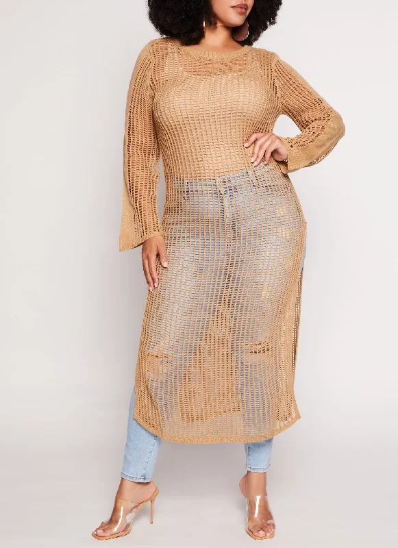 Soft hoodie sweatshirt for casual everyday wear -Trendy sweatshirt with a unique zipper design -Plus Size Crochet Side Slit Maxi Sweater