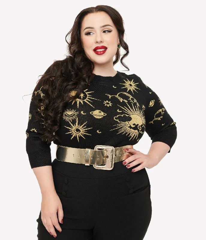 Classic long-sleeve sweatshirt for everyday wear -Elegant sweatshirt with a slim silhouette -Unique Vintage Plus Size 1950s Black & Gold Celestial Minou Sweater