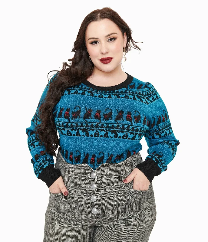 Comfortable sweatshirt with a crewneck for casual wear -Stylish sweatshirt with sleek silhouette -Unique Vintage Plus Size 1950s Teal Snowflakes & Cats Sweater