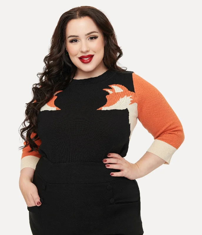 Fashionable sweatshirt for trendy outfits -Warm sweatshirt for layering in the cold -Unique Vintage Plus Size Black & Orange Fox Sleeve Minou Sweater