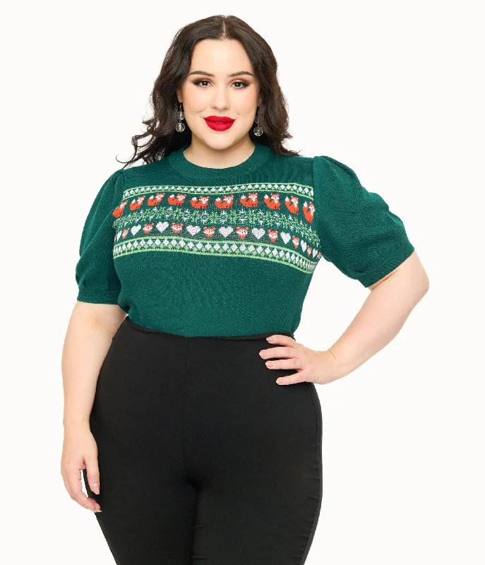 Classic crewneck sweatshirt for casual outfits -Warm sweatshirt with a brushed interior for comfort -Unique Vintage Plus Size Green Fox Fair Isle Paige Sweater