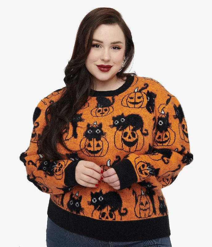 Fashionable sweatshirt with a floral print -Trendy sweatshirt for workout wear -Unique Vintage Plus Size Orange Pumpkin & Black Cat Print Sweater