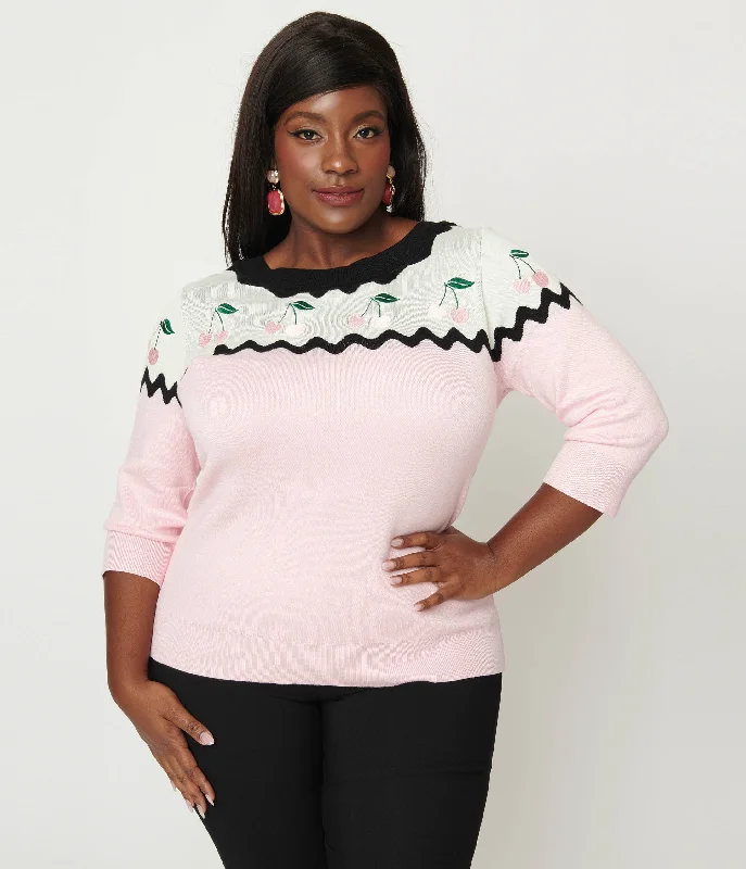 Comfortable sweatshirt with a sleek, minimal design -Cozy sweatshirt with crew neckline for a casual look -Unique Vintage Plus Size Pink & Black Cherry Sweater