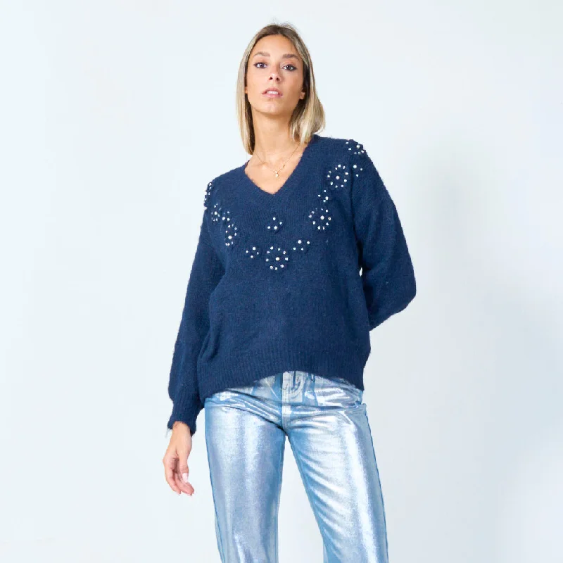 Soft sweatshirt for layering under a jacket -Stylish sweatshirt for cool-weather adventures -V-neck sweater with pearl accents wholesale