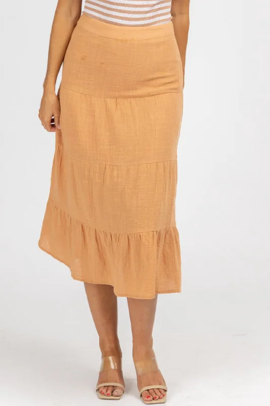 Button-up skirts for a classic touch -Gauze Tiered Midi Skirt In Orange