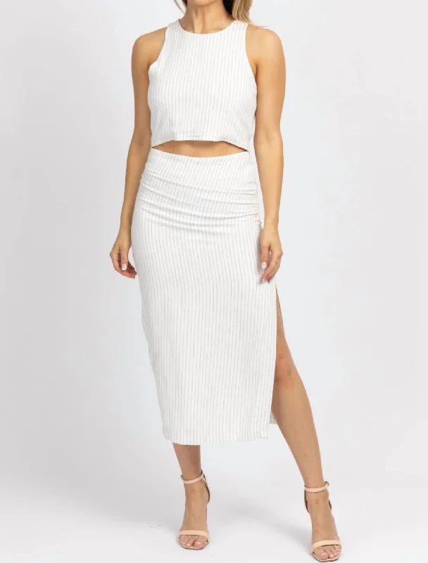 Skirts for formal occasions -Linen Pinstripe Midi Skirt Set In White