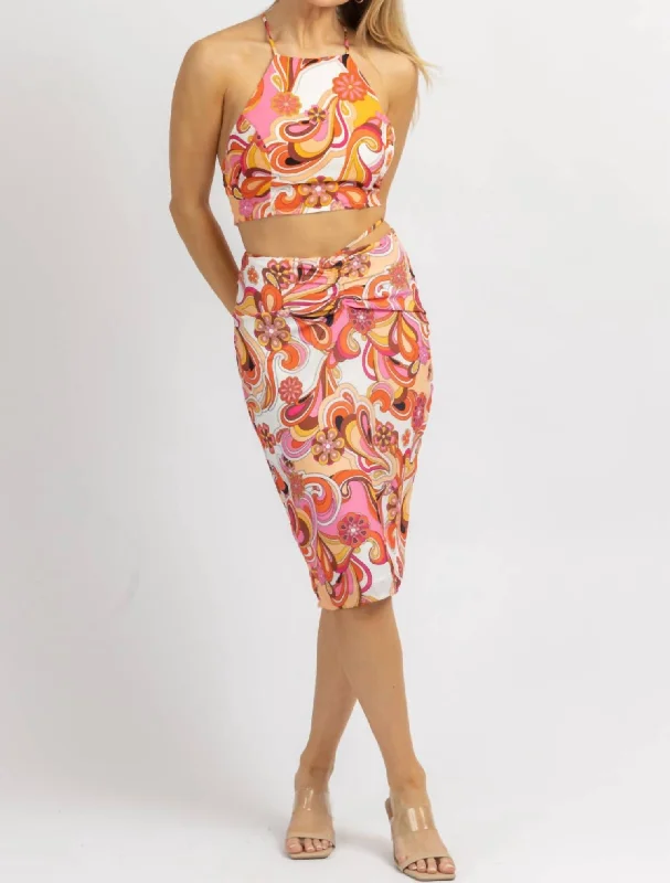 Skirts for a flattering silhouette -Retro Multifloral Midi Skirt Set In Pink