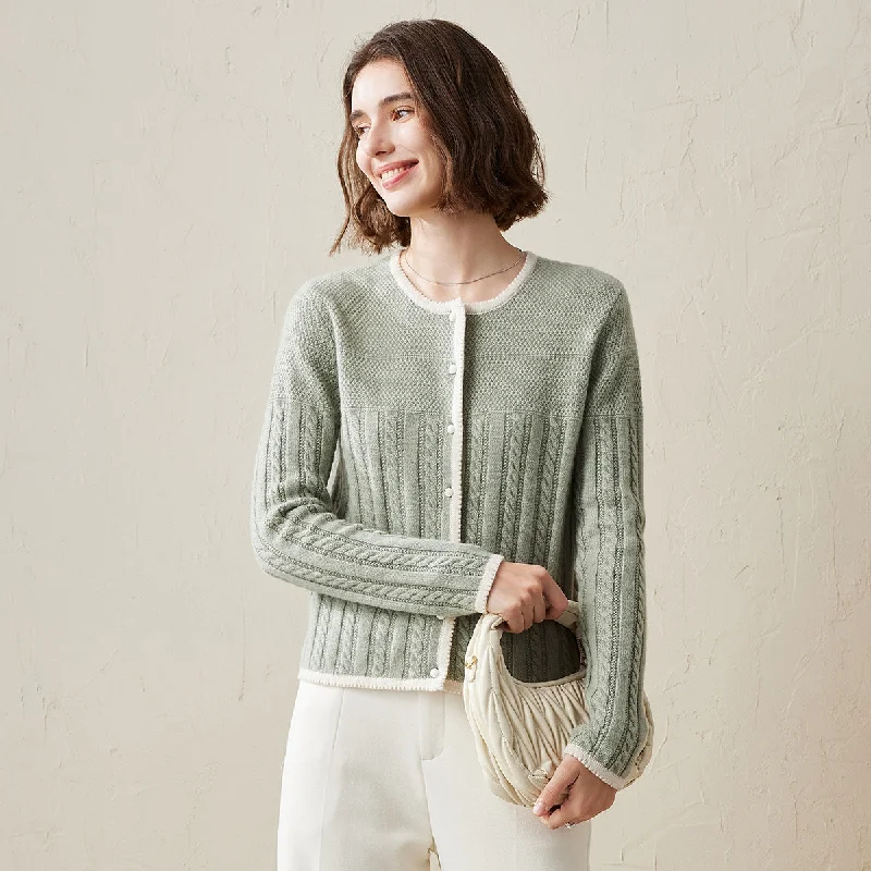 Cozy cardigan for relaxing at home -100% Cashmere Cable Knit Cardigan with Contrasting Trim