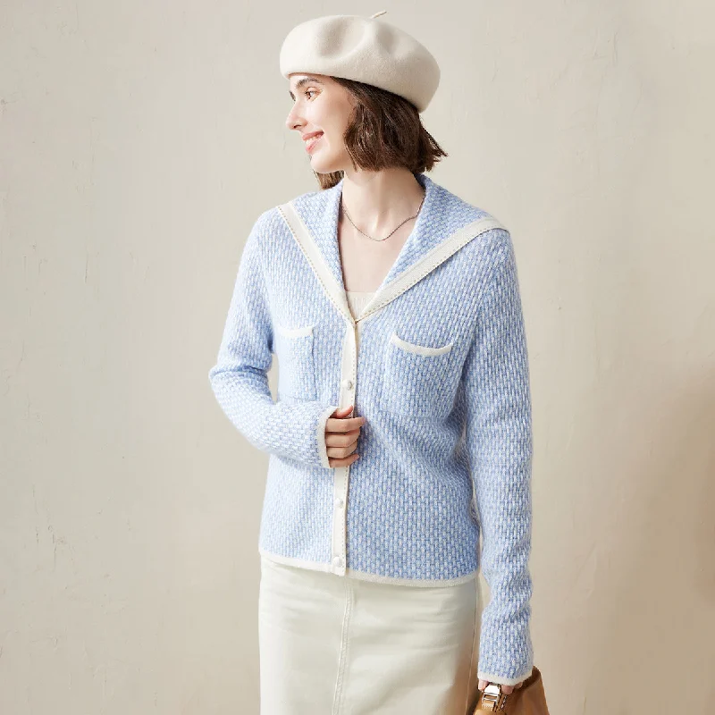 Lightweight cardigan for wearing over tops -100% Cashmere Sailor Collar Knitted Cardigan