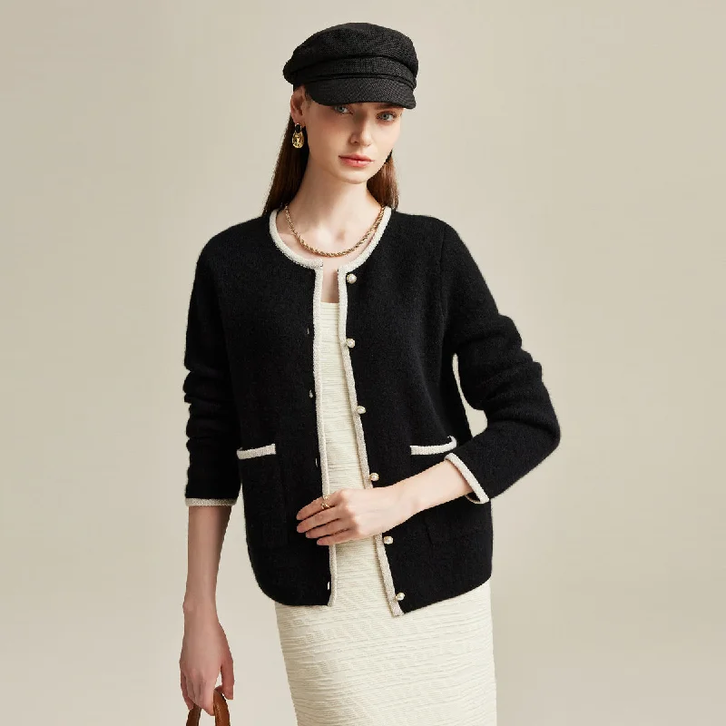 Soft wool cardigan for layering in winter -100% Cashmere Two-Tone Buttoned Cardigan