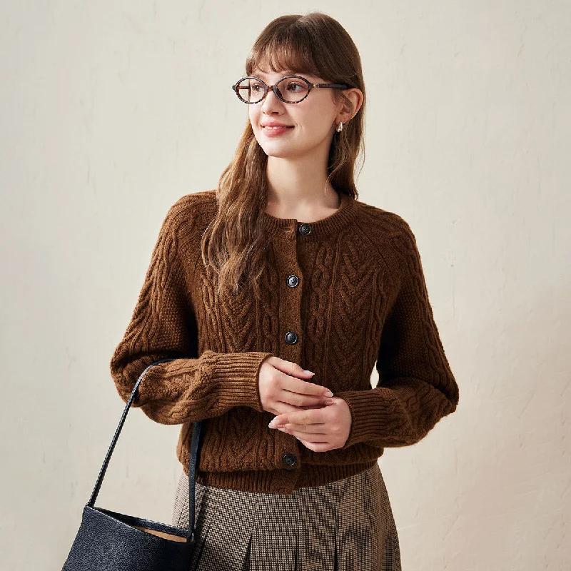 Cozy cardigan with a deep V-neck for a chic look -100% Wool Classic Cable Knit Button Cardigan