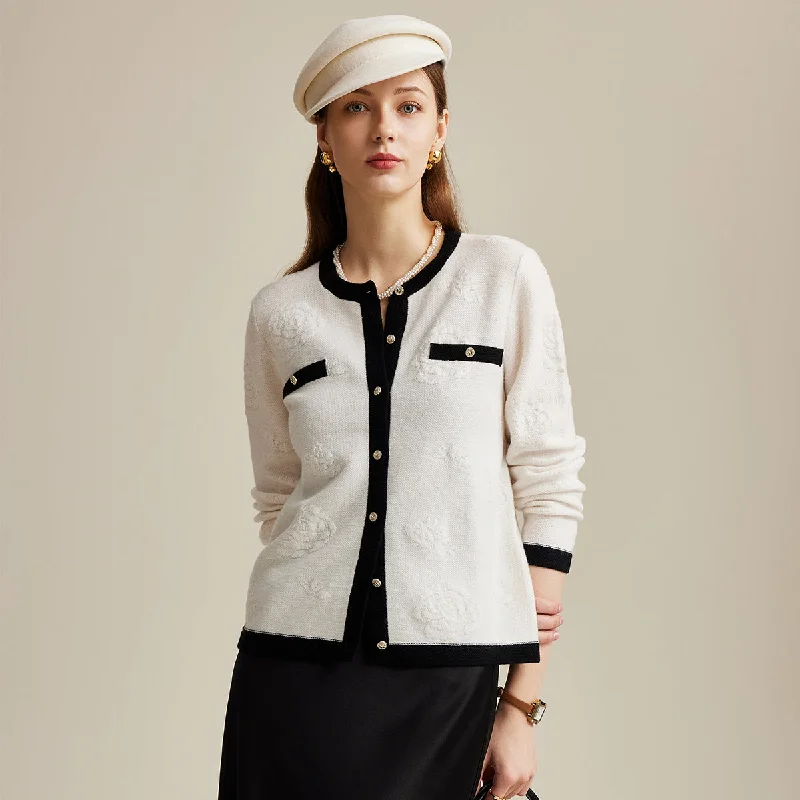 Trendy open cardigan for casual wear -100% Wool Contrast Trim Cardigan with Floral Embroidery