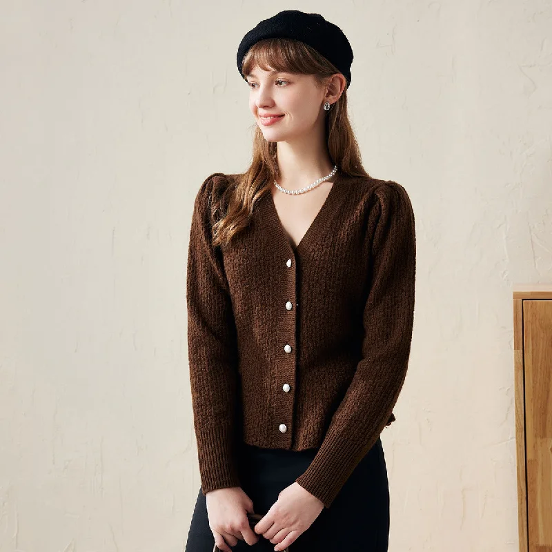 Comfortable cardigan for casual Fridays -100% Wool Elegant Peplum Button Cardigan