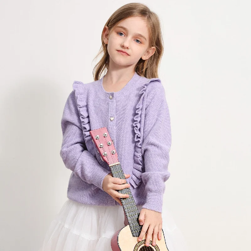 Oversized cardigan for a relaxed fit -100% Wool Kids Round Neck Heart Button Cardigan