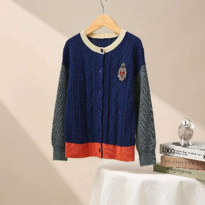 Comfortable cardigan with long sleeves -100% Wool Kid's Royal Embroidered Cable Knit Cardigan