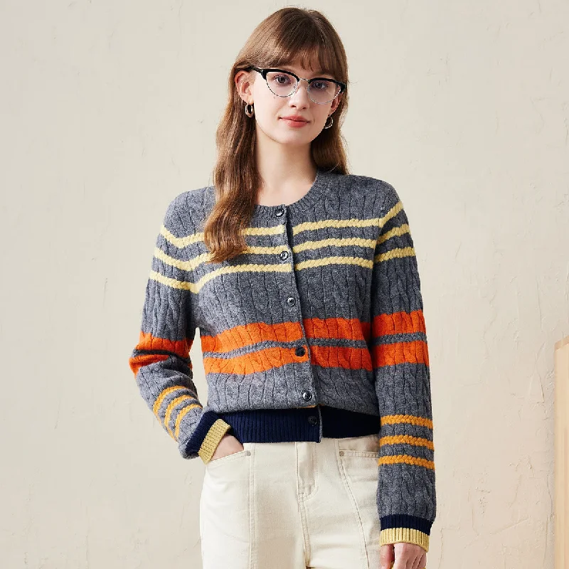 Warm wool cardigan for cool evenings -100% Wool Striped Cable Knit Button Up Cardigan