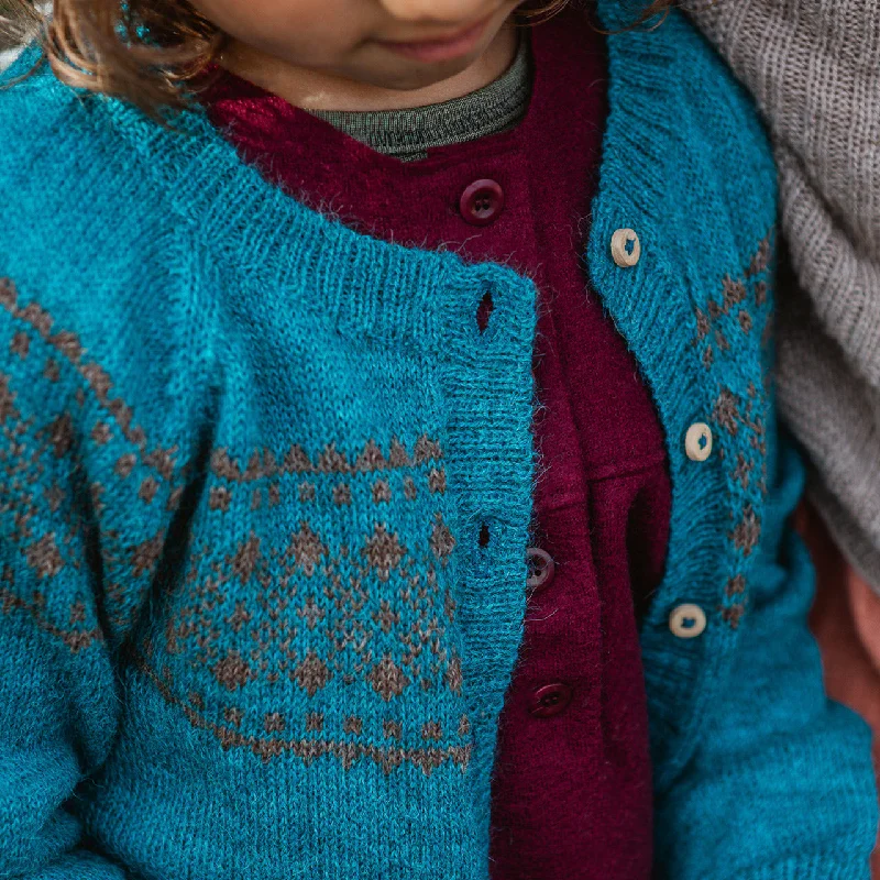 Stylish cardigan with a button-front design -Alpine Cardigan - 100% Baby Alpaca - Turquoise (18m-8y)