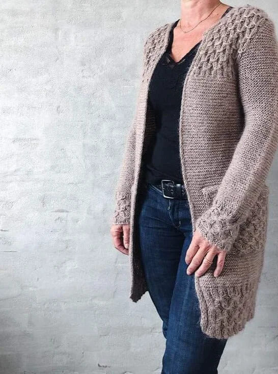 Stylish cardigan for adding warmth to any outfit -Beatrice cardigan by Önling, No 15 + silk mohair knitting kit