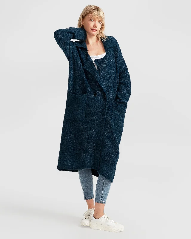 Soft and comfortable cardigan for travel wear -Born To Run Sustainable Sweater Coat - Dark Teal