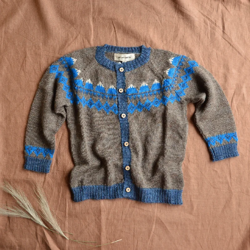 Classic cardigan for everyday comfort -FairIsle Mountain Cardigan - 100% Baby Alpaca - Cedar/Blue (18m-8y)