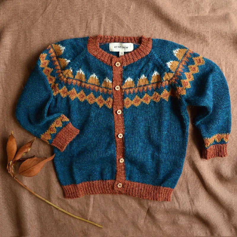 Stylish cardigan for layering with skirts -FairIsle Mountain Cardigan - 100% Baby Alpaca - Peacock (6-8y)  *Last One!